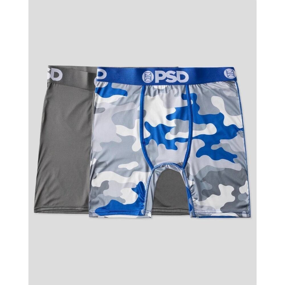 PSD Men’s Boxer Briefs 2 Pack Size Large Blue Camo Gray Stretch Underwear